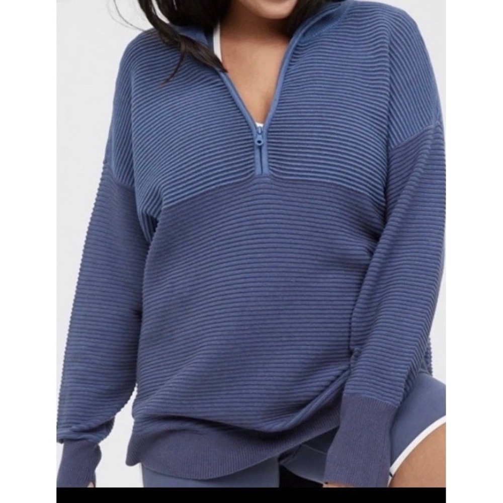 OFFLINE by Aerie Quarter Zip Otto Ribbed Sweater Blue Womens Small Thumbholes